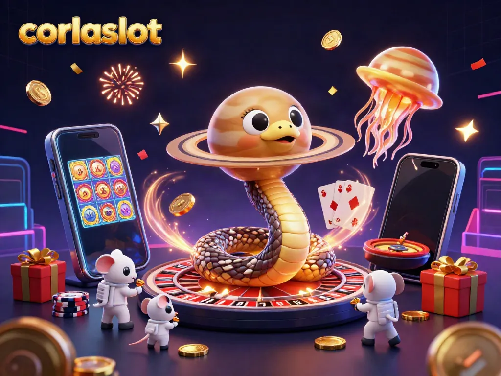 Experience the thrills of corlaslot with a cosmic gaming scene featuring a roulette snake and astronaut mice.
