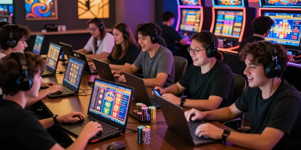 Excited players engaging in judi slot online gaming, showcasing vibrant digital casino atmosphere.