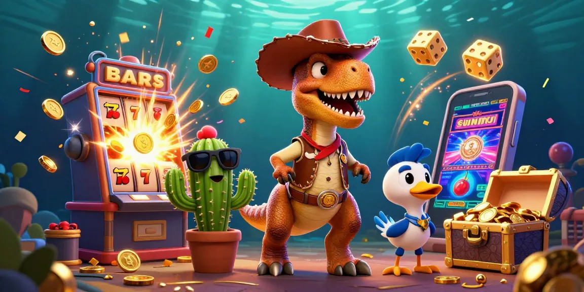 Engage with keongtogel's vibrant 3D illustration featuring a dinosaur cowboy and dynamic casino elements.