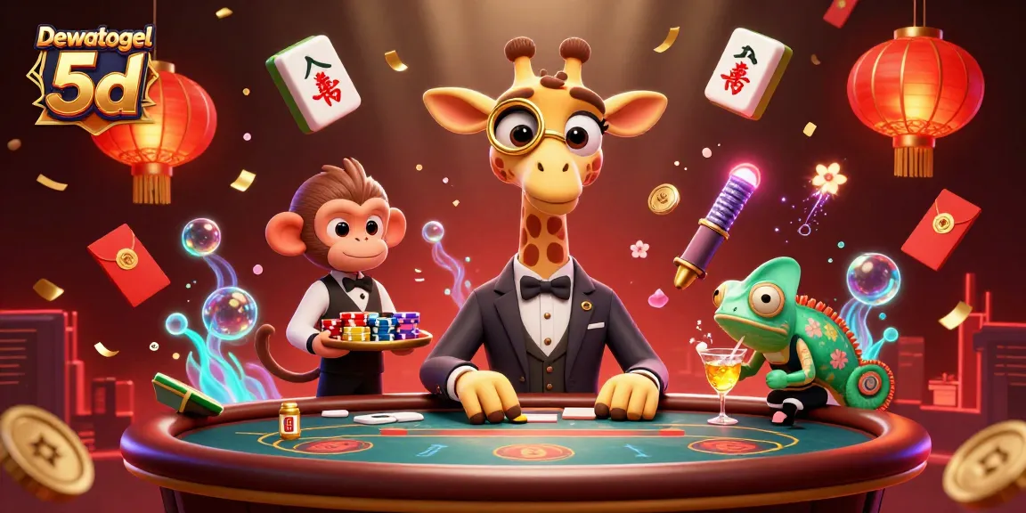 Reveal your luck with Dewatogel 5d's vibrant action depiction featuring a high-roller giraffe at a poker table.