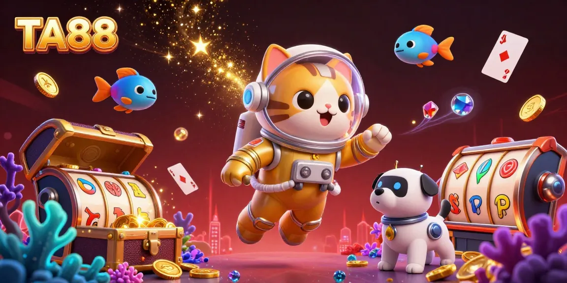 Experience the excitement of TA88 with a vibrant gaming scene, featuring slot reels, gold coins, and playful characters.