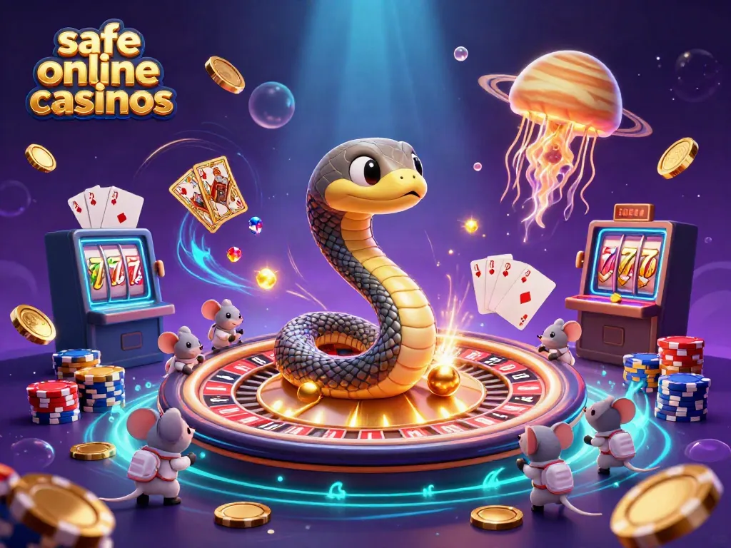 Engaging scene of safe online casinos with a cosmic roulette wheel, astronaut mice betting, and a golden jellyfish dealer.