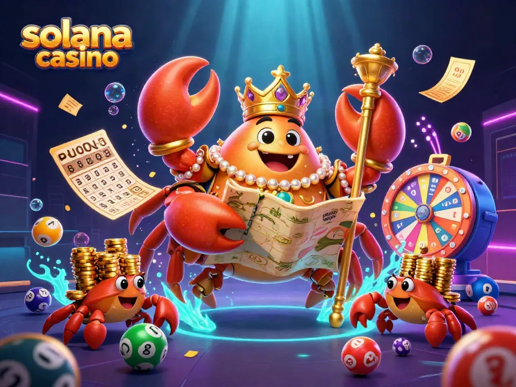 Engaging illustration depicting Solana casino with a golden crab and vibrant lottery elements.