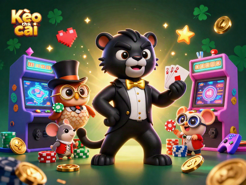 Kèo nhà cái showcases a stylish black panther dealing cards in a vibrant gaming scene