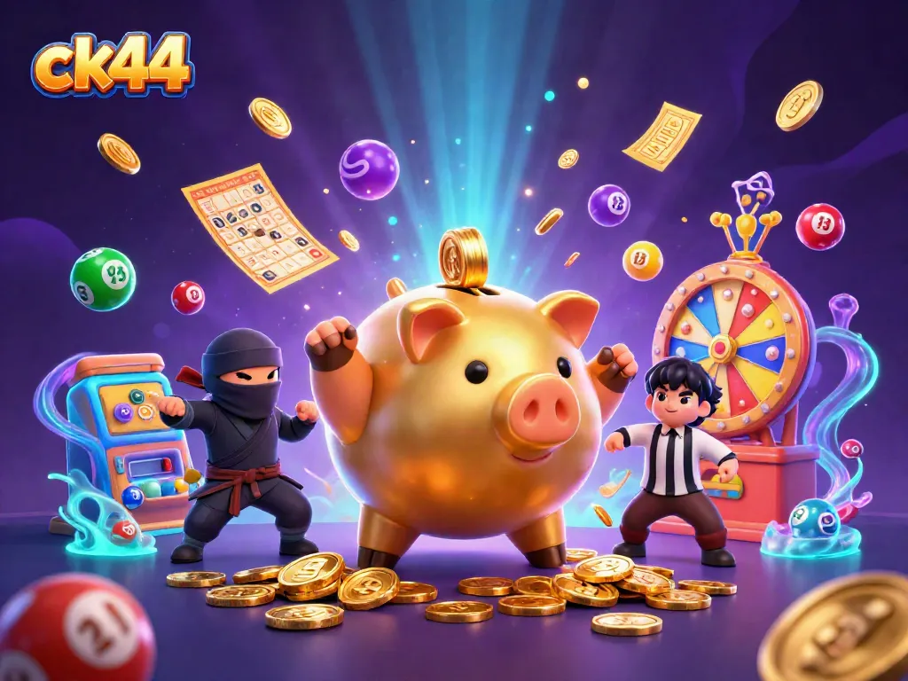 Experience the thrill of ck44 with dynamic casino characters and lottery excitement in a vibrant scene.