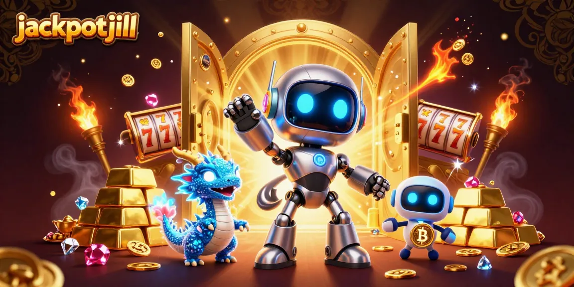 Jackpotjill showcases colorful 3D cartoon robots and slot elements in a vibrant casino scene.