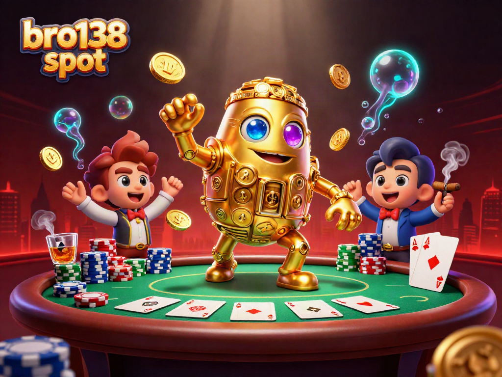 Menangkan di bro138 slot dengan ilustrasi 3D menggambarkan golem emas dan meja poker yang penuh.