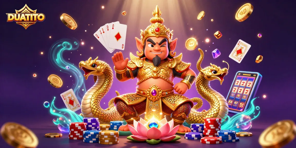 Dapatkan pengalaman bermain di DUATOTO dengan ilustrasi kasino yang meriah, penuh dengan simbol keberuntungan.