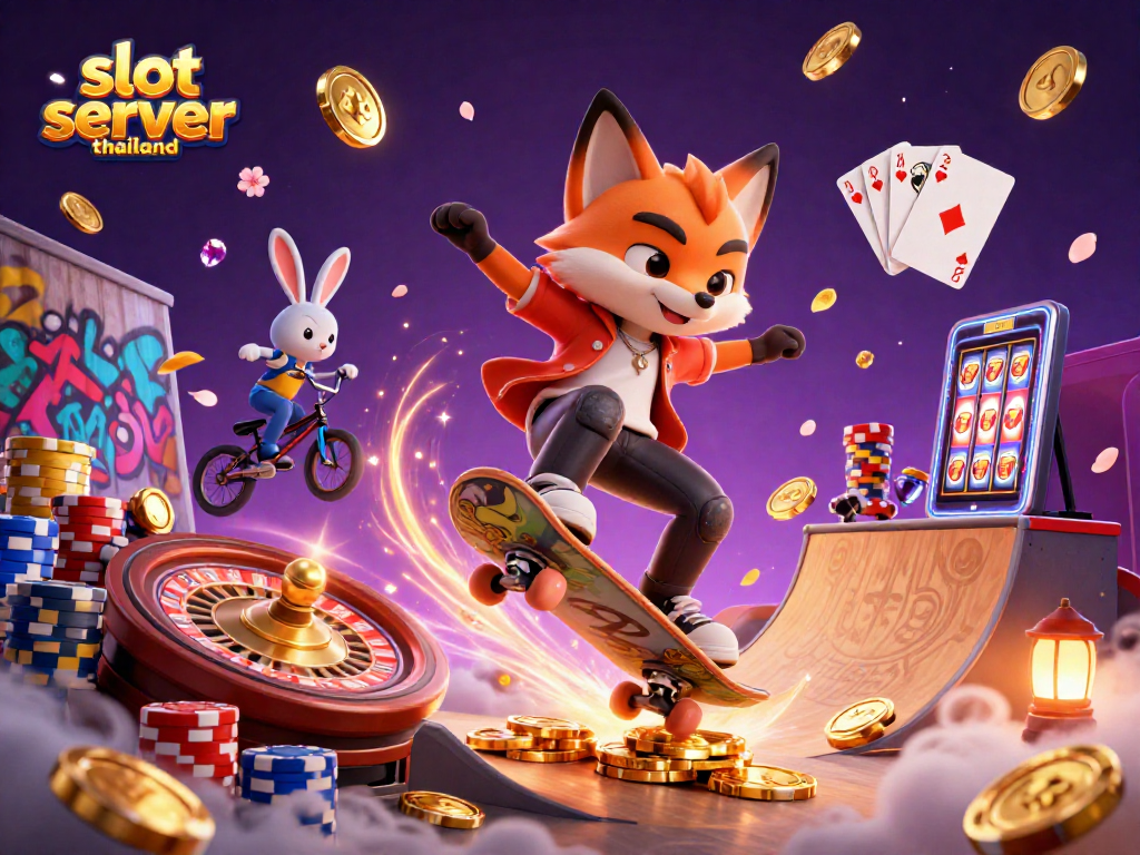 Experience excitement at slot server thailand with vibrant characters and casino elements spinning and shining.