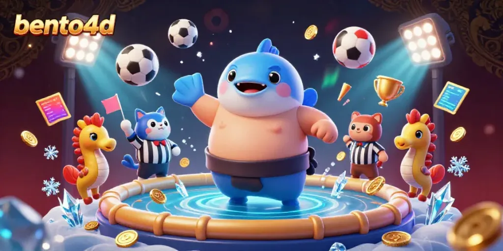 Engage in thrilling bento4d action with a sumo wrestler fugu underwater, cheering seahorse fans, and dynamic sports elements.