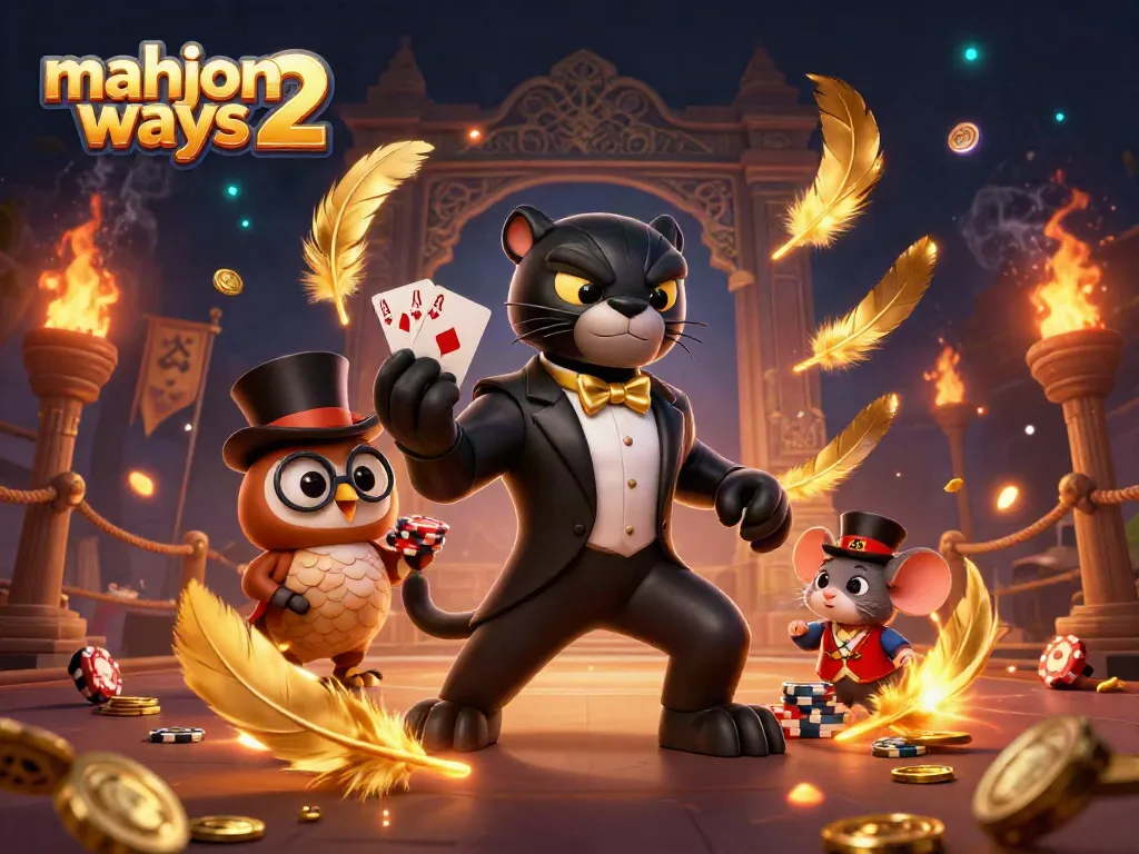 Experience the excitement of mahjong ways 2 with a stylish panther dealing cards alongside charming characters in a vibrant casino setting.