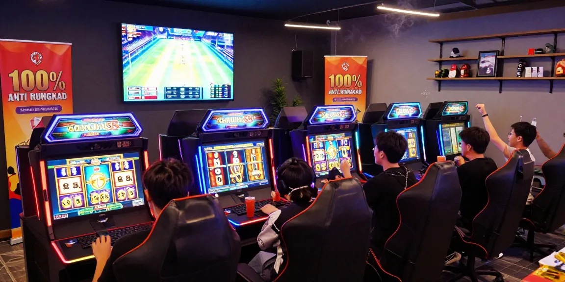 Exciting gaming lounge at https://garuda55.com/ with slot machines and enthusiastic players enjoying their experience.