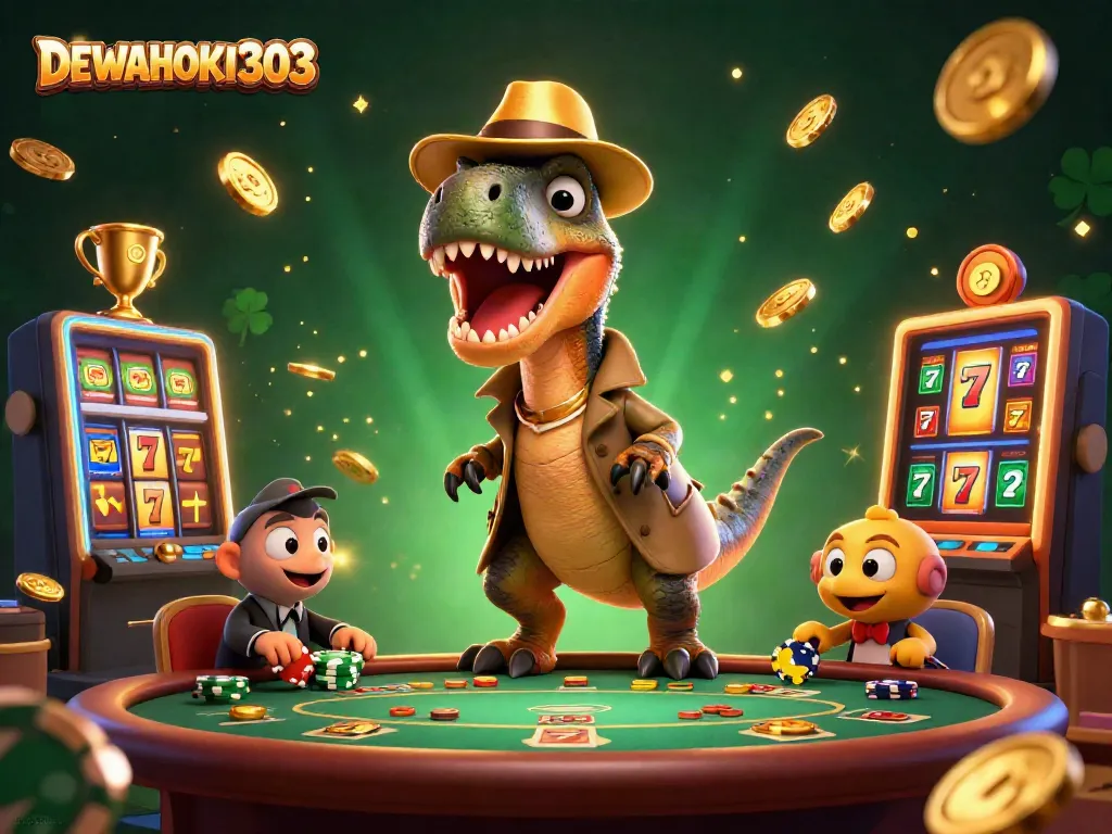 DEWAHOKI303 menghadirkan suasana slot online dengan karakter kartun dan elemen kasino yang dinamis.