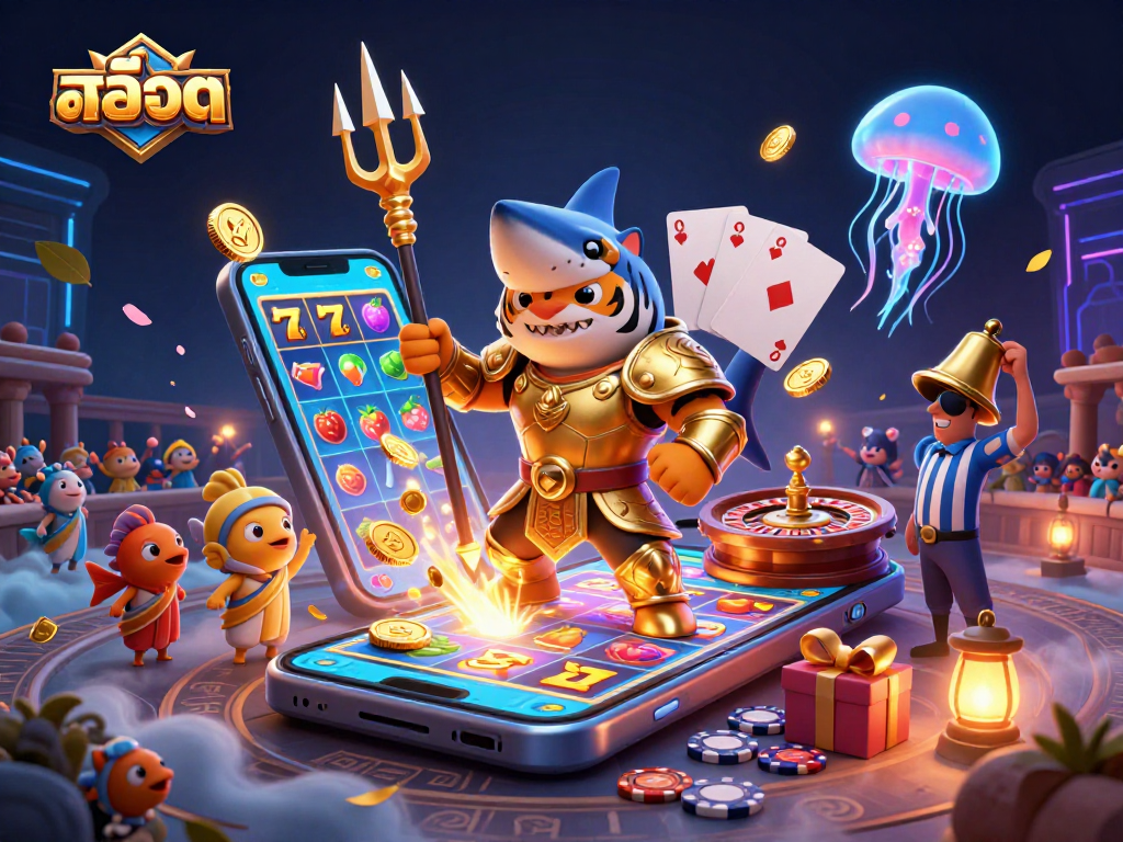 Spin colorful สล็อต game reels with a tiger shark in gladiator armor, surrounded by immersive casino elements.