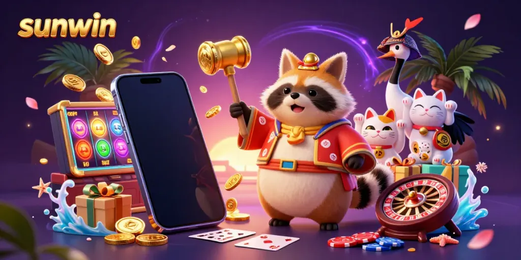 Experience the thrill of sunwin with cheerful characters and vibrant casino elements in a festive setting.