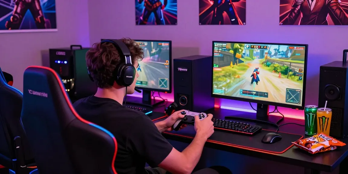 78win gaming enthusiast engaging in online shooting game with vibrant setup and accessories.