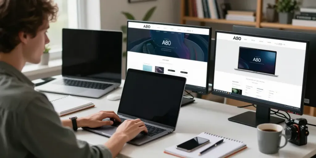 A80 website displayed on multiple screens in a modern tech workspace.
