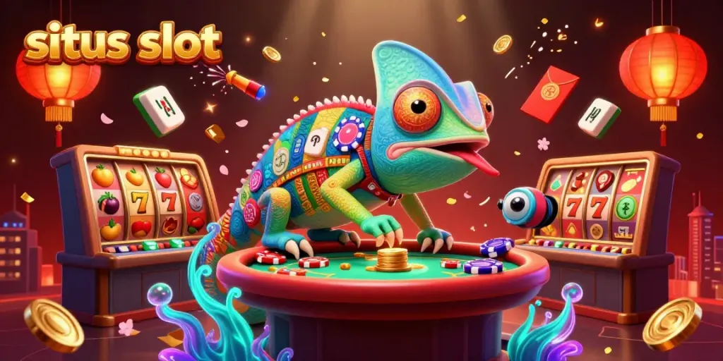 Menyaksikan aksi di situs slot, chameleon raksasa mengumpulkan koin emas di kasino yang penuh warna.