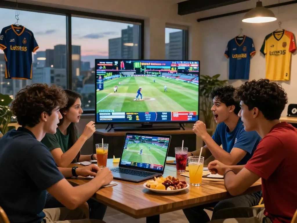 Friends enjoying an exciting cricket match while placing bets on lotus365, vibrant urban atmosphere.