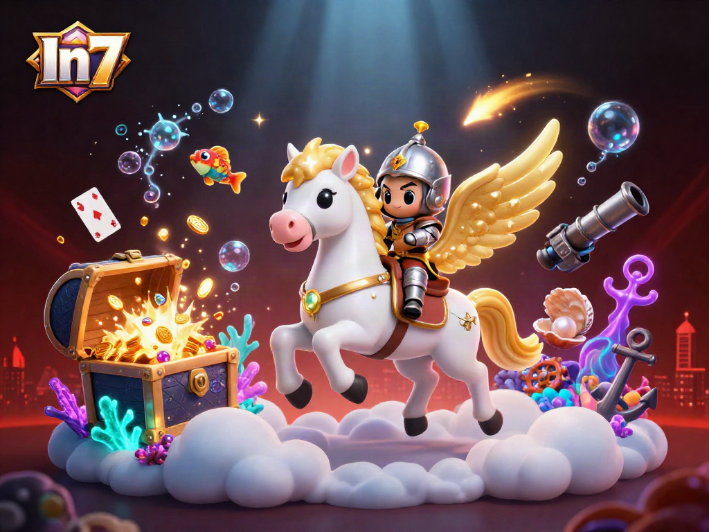 Engage with In7, featuring a vibrant 3D illustration of a celestial casino adventure.