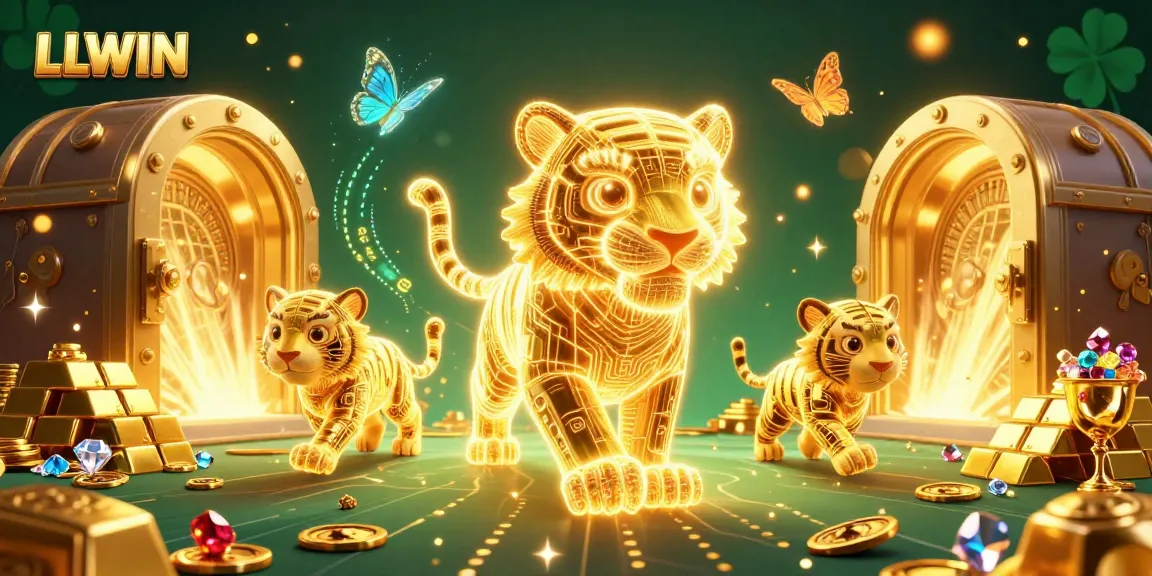 LLWIN casino scene featuring a golden tiger and holographic butterflies amidst a treasure landscape.