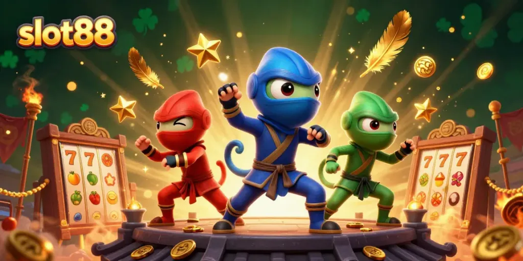 Dalam permainan slot88, tim ninja chameleon tampil dengan simbol slot yang bersinar dan efek dramatis.