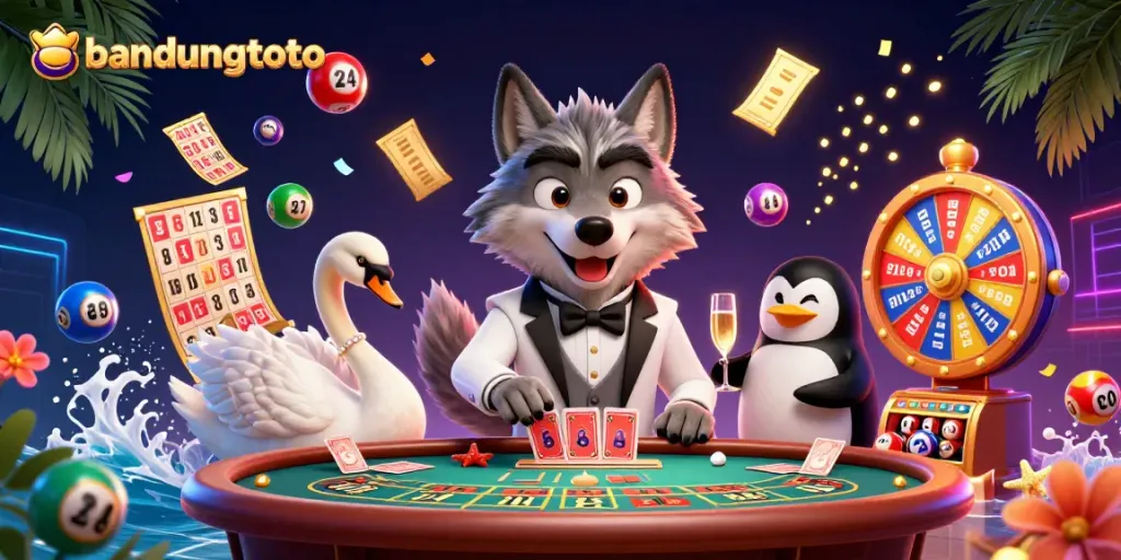 Engaging scene of bandungtoto showcasing a debonair wolf and elegant swan in a vibrant casino setting.
