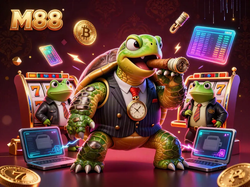 M88 themed casino illustration with a snapping turtle mobster and bullfrogs amidst vibrant slot machine elements.
