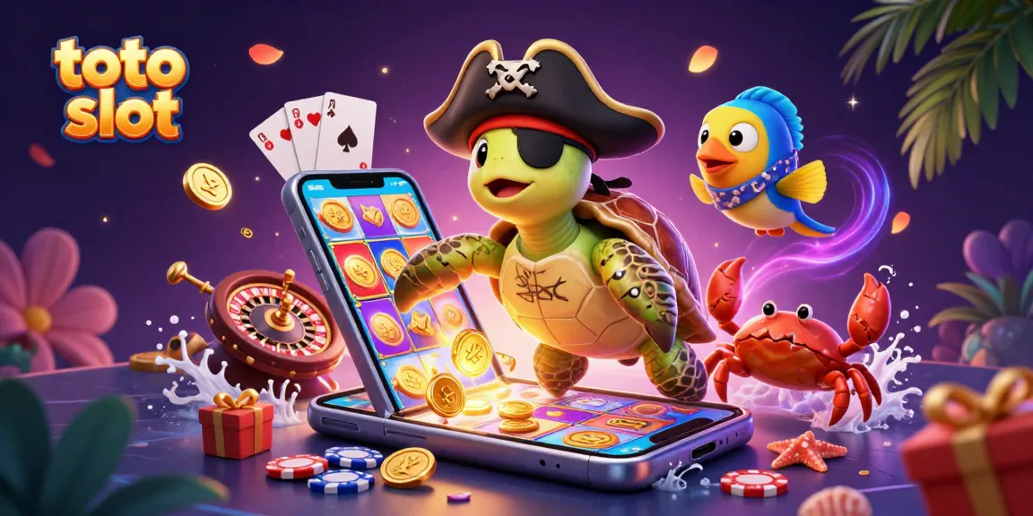 Engage with exciting toto slot games as a cartoon pirate turtle, hermit crab, and parrotfish explore treasure.