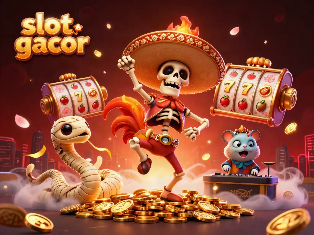 Slot gacor: Kerangka ayam jantan dan teman merayakan jackpot dengan koin dan gulungan slot.