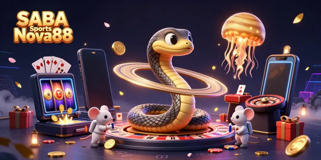 Experience the thrill of sports betting with SABA Sports Nova88 as cartoon characters engage in vibrant cosmic betting.