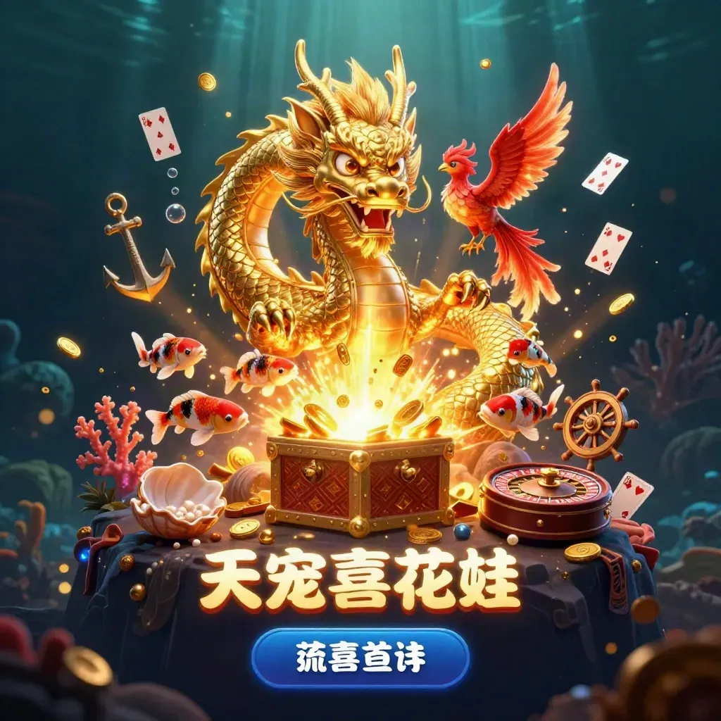 Golden dragon with phoenix and koi in an underwater treasure cove, surrounded by casino symbols