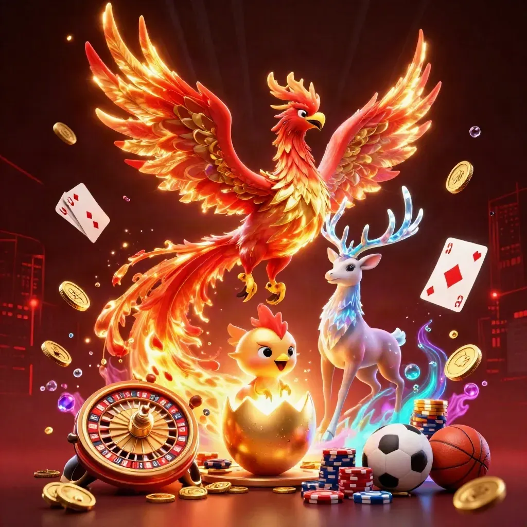 Phoenix, stag, roulette wheel, coins and cards burst through a dark red casino fantasy sky.