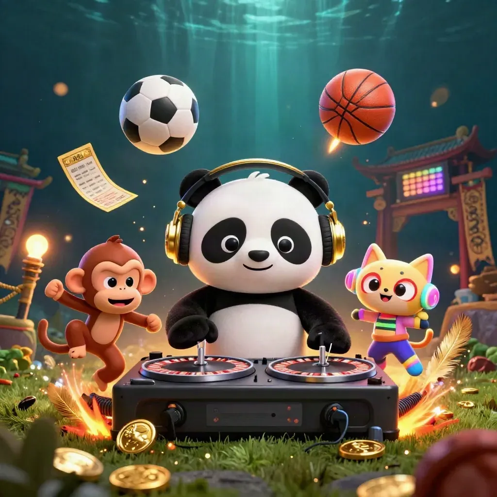 DJ panda, breakdancing monkey, and glow-stick kitten amid flying balls, coins, and casino lights.