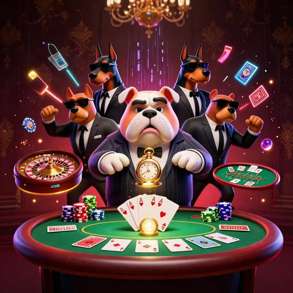 Bulldog boss and two Dobermans at a neon-gold casino table with cards, chips and a roulette wheel.