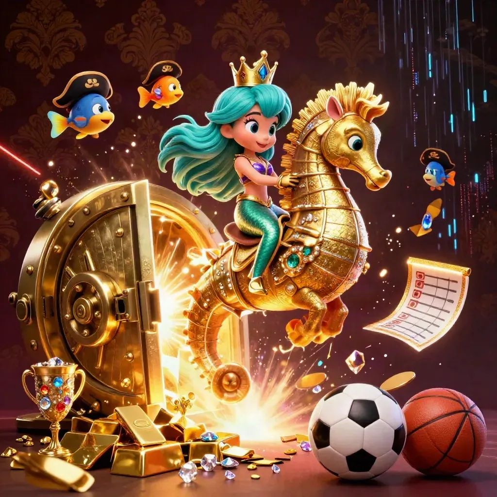 Mermaid princess on armored seahorse amid vault gold, pirate fish, neon casino lights.