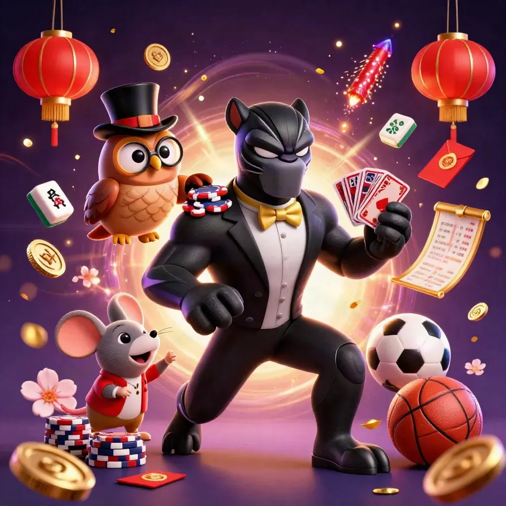 Panther, owl, and mouse amid casino luck symbols, sports balls, and glowing purple lights.
