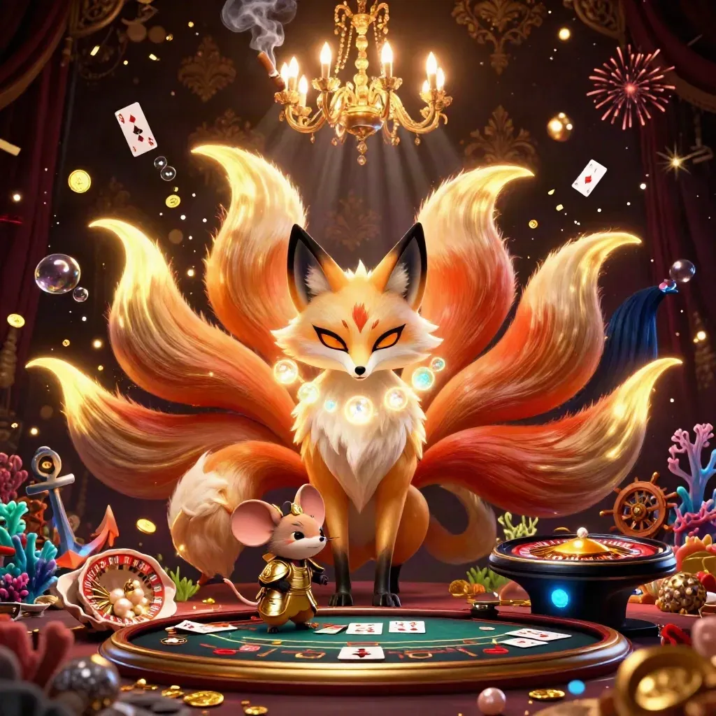 Fox spirit and armored mouse amid casino magic, coins, coral, chandelier glow, and roulette wheel.