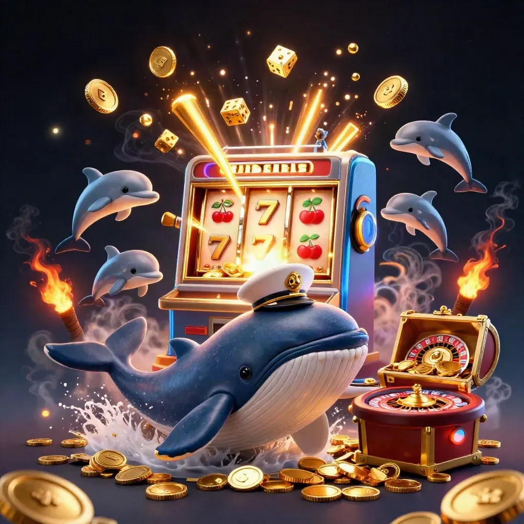 Whale captain and fantasy casino creatures burst through coins in a neon luxury gambling scene.