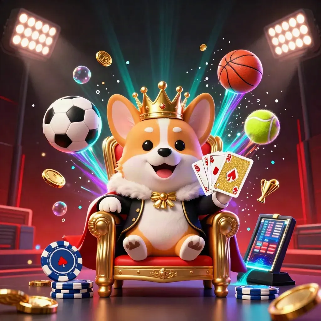 Royal corgi and cat butler amid flying balls, coins, trophy, and neon casino beams.
