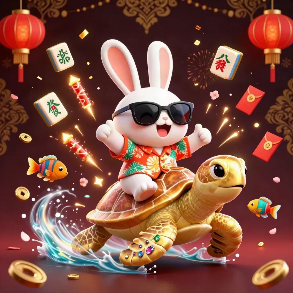 Lucky rabbit rides a jeweled sea turtle amid gold casino charms, lanterns, confetti and fireworks.