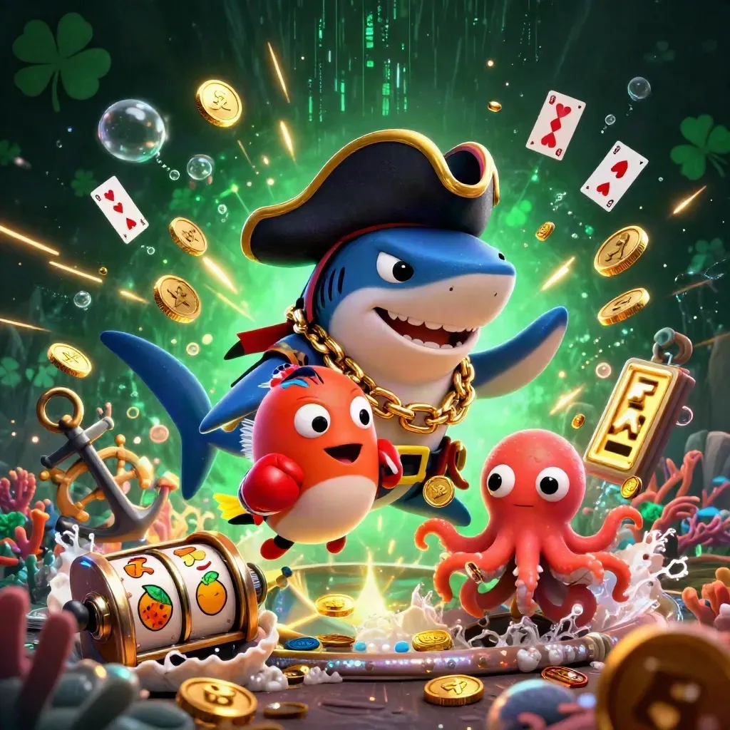 Cartoon pirate shark, boxing pufferfish, and juggling octopus amid gold treasure splash.