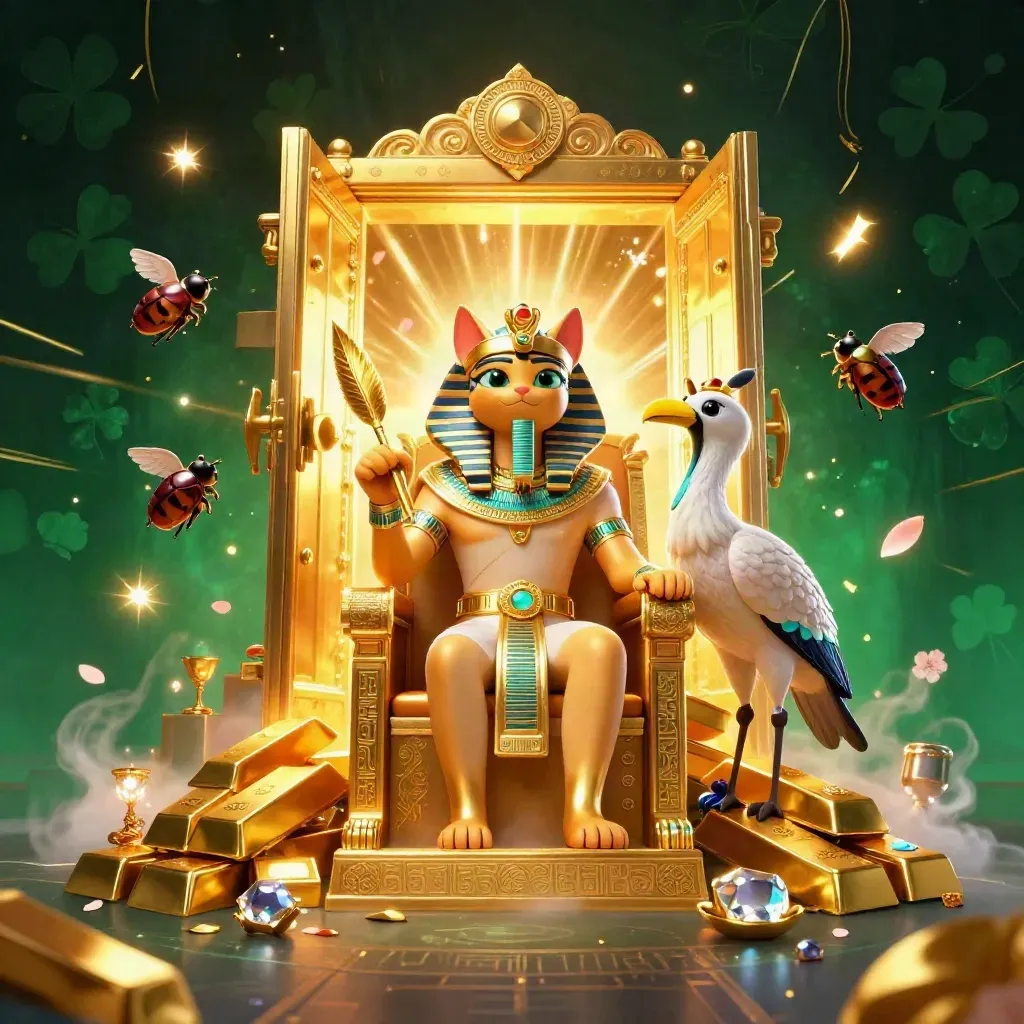 Pharaoh cat and ibis scribe amid a vault burst, gems, gold, and gem-winged scarabs