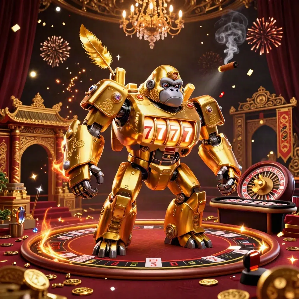 Golden gorilla mech with monkey pilot in a lavish casino-temple scene, fireworks and swirling lights