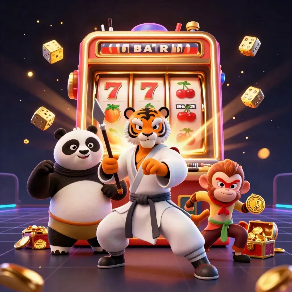 Tiger, panda, and monkey burst from a golden slot machine amid coins, dice, and a treasure chest.