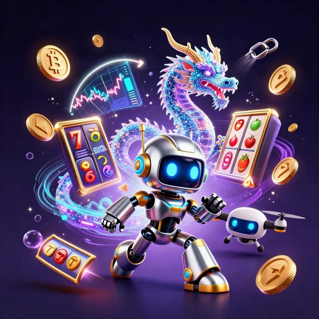 Robot, digital dragon, and coin drone burst through casino loot and neon effects.