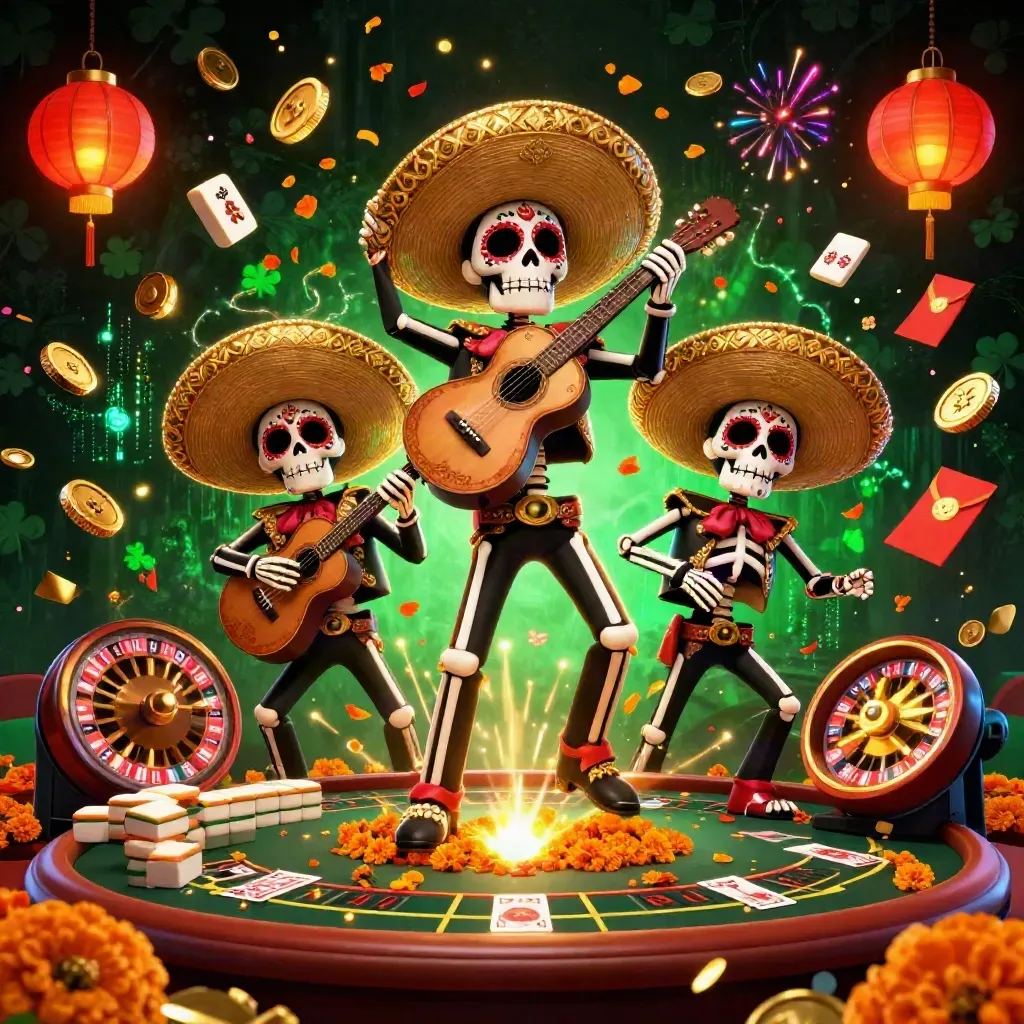 Day-of-the-Dead mariachi skeleton trio amid coins, lanterns, fireworks, jade chips, and casino tables.