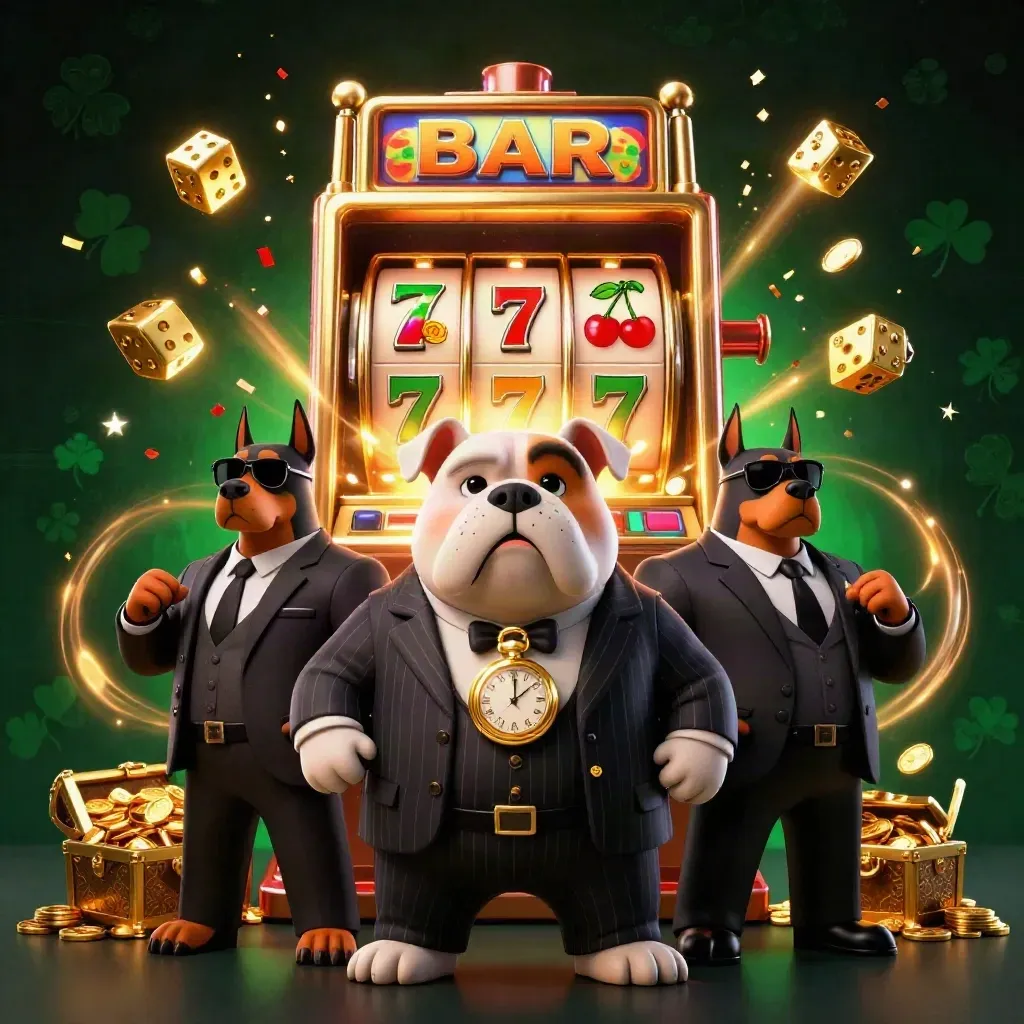 Bulldog boss and two Dobermans amid slot bursts, gold dice, confetti, and treasure.