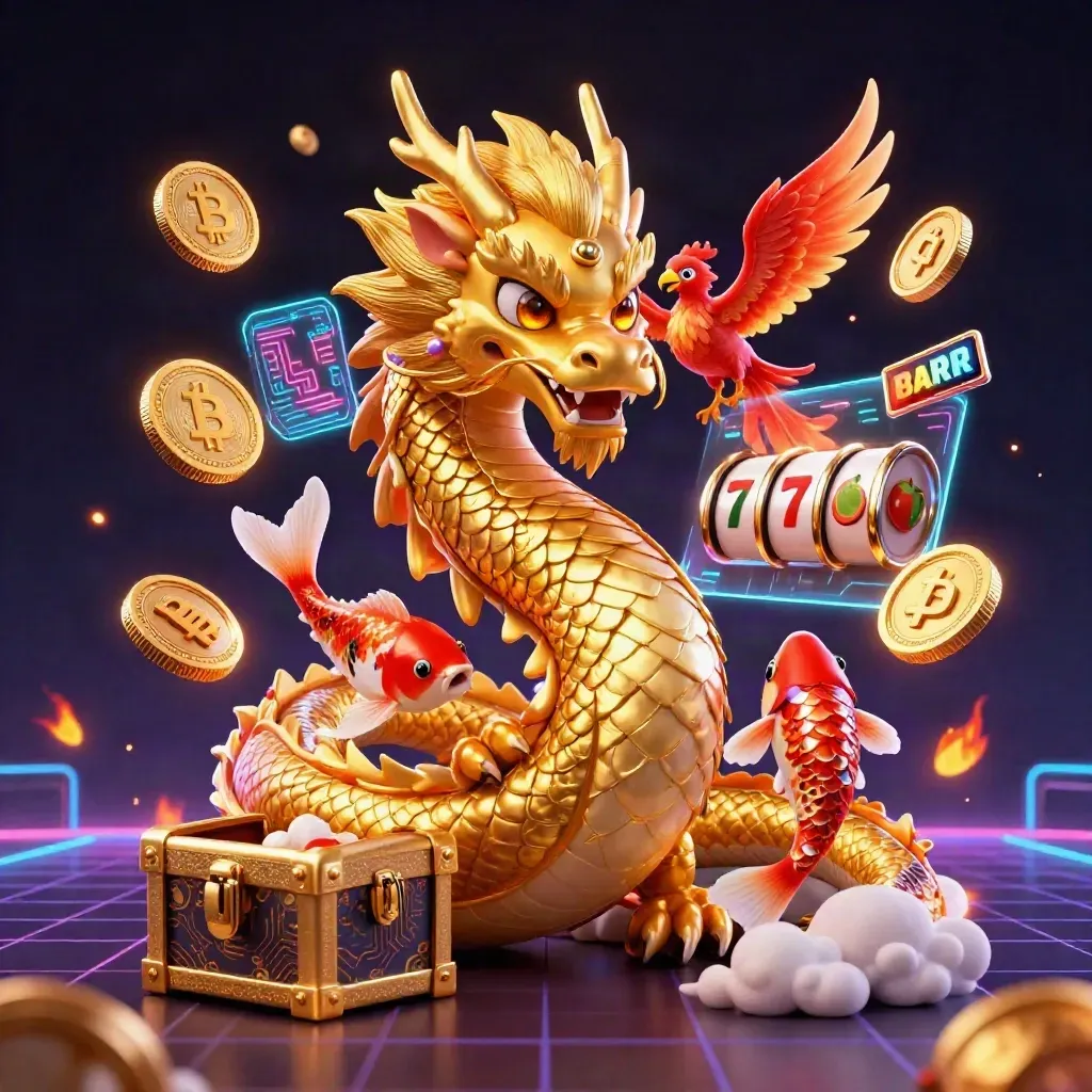 Golden dragon with phoenix, koi, coins, and neon casino effects on a dark grid background.