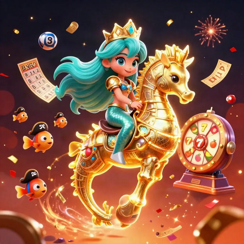 Mermaid princess on golden seahorse amid casino icons, confetti, fireworks, and glowing embers